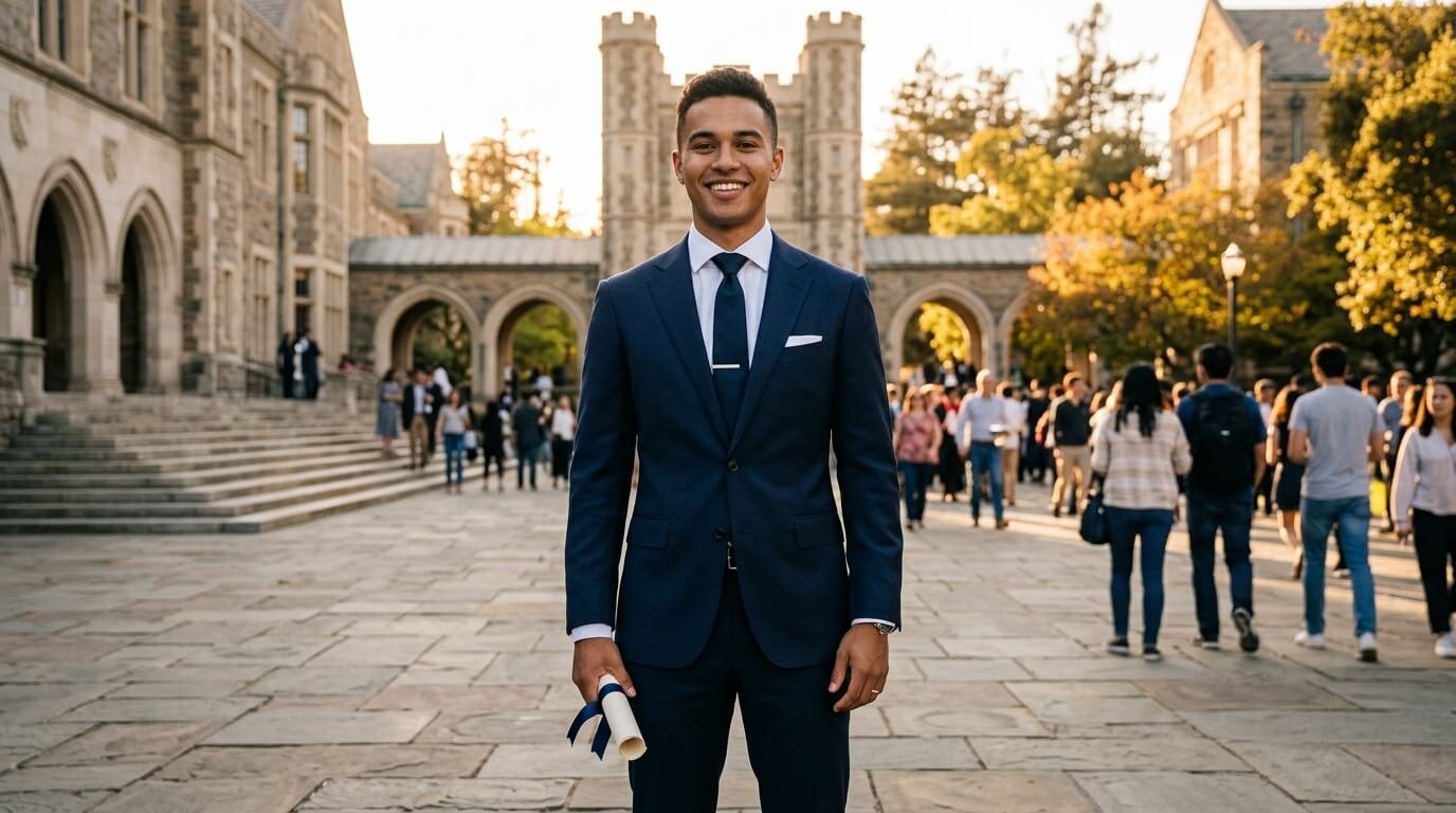 Graduating senior wearing tailored canvassed navy suit with diploma
