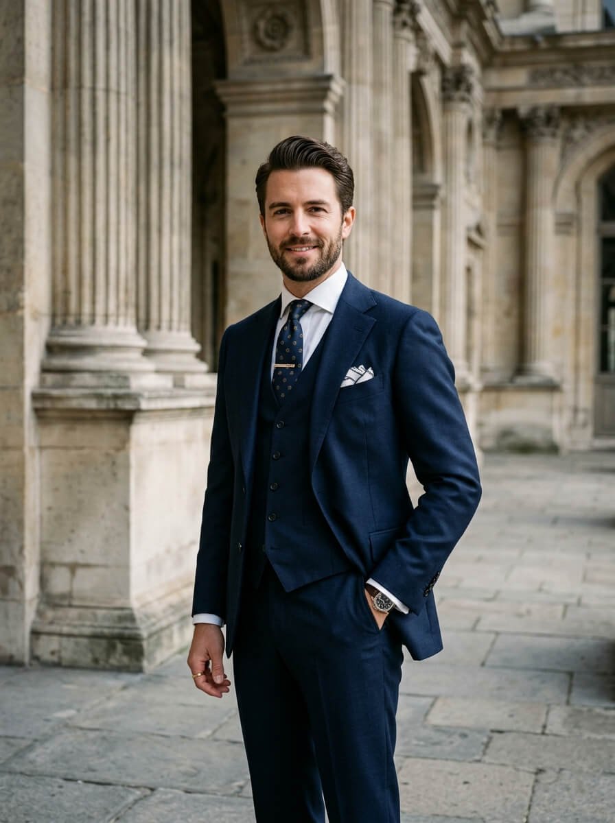 Tailored navy 3-piece suit with waistcoat for wedding parties