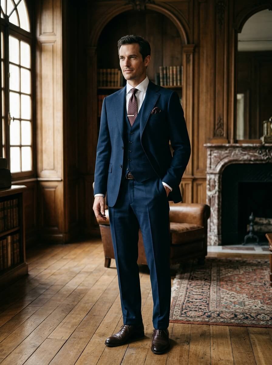Groomsman in tailored midnight navy suit and vest