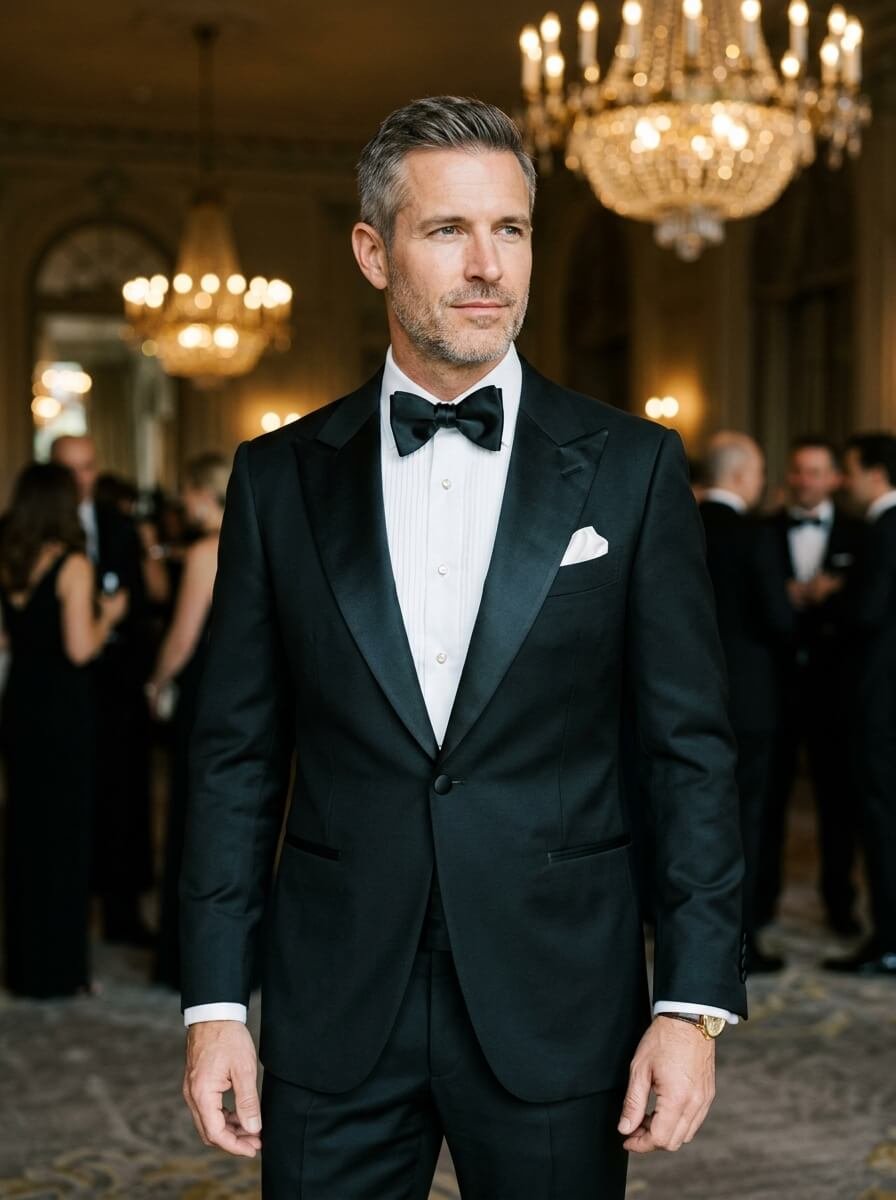 Groom wearing classic black canvassed tuxedo with satin peak lapel